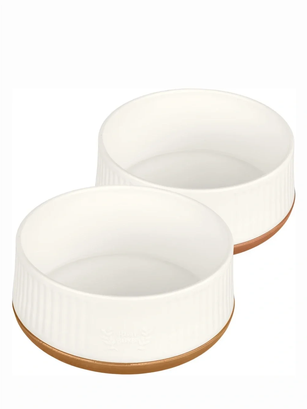White Ceramic Dog Bowl Duo with Tan Base - Stylish Pet Feeding Set